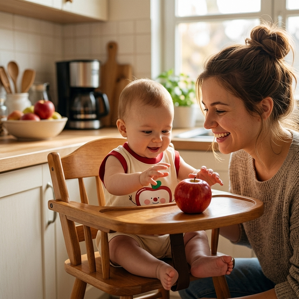 Red Apple Cartoon Sleeveless Romper baby kitchen high chair lifestyle photo