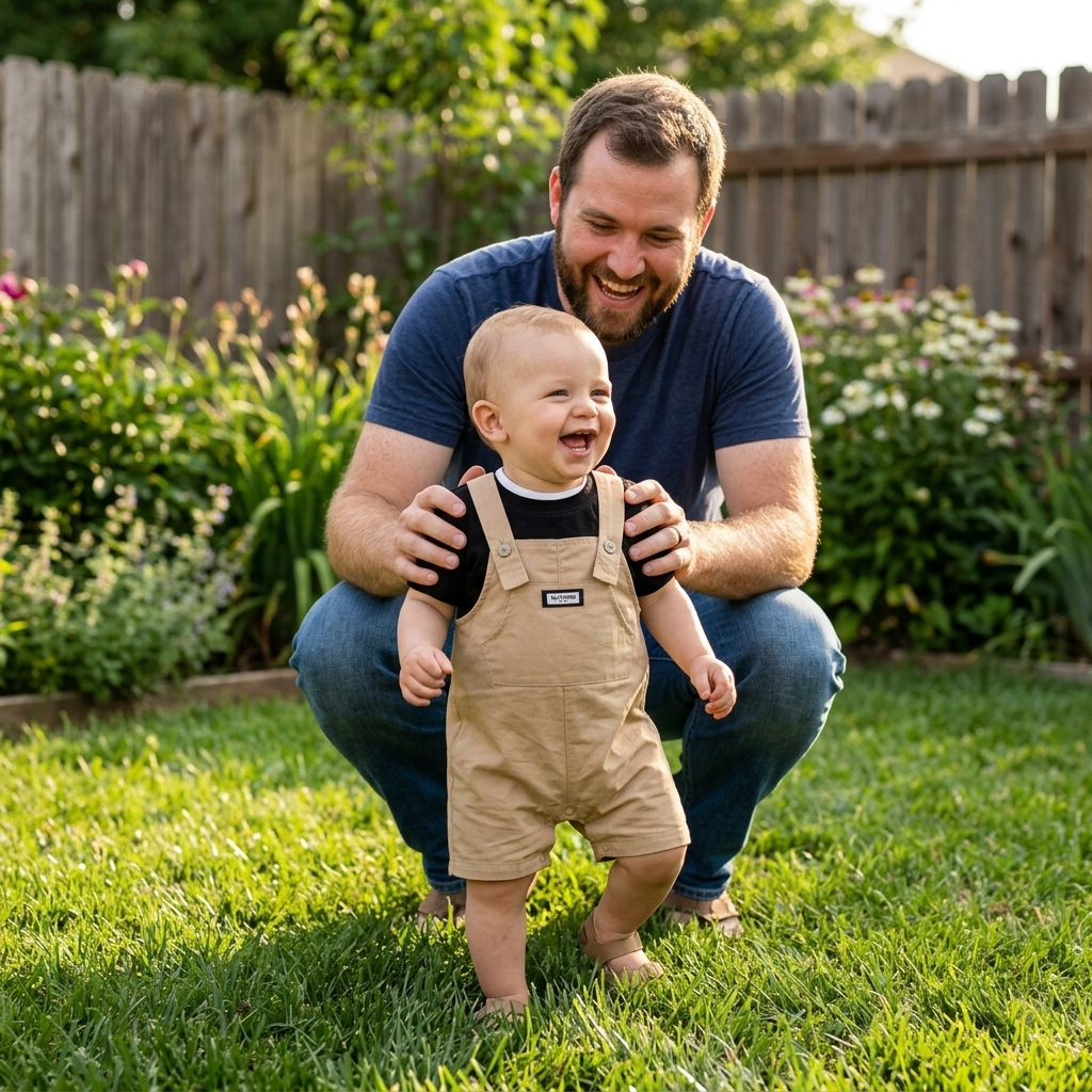 Khaki Short Overalls Black Tee Set baby boy first steps garden lifestyle photo