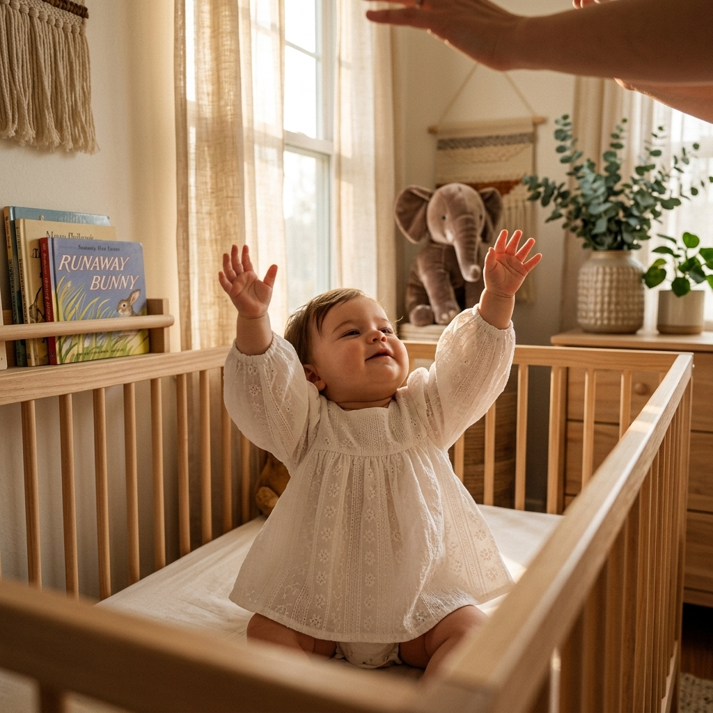 Baby garment morning wakeup crib lifestyle photo