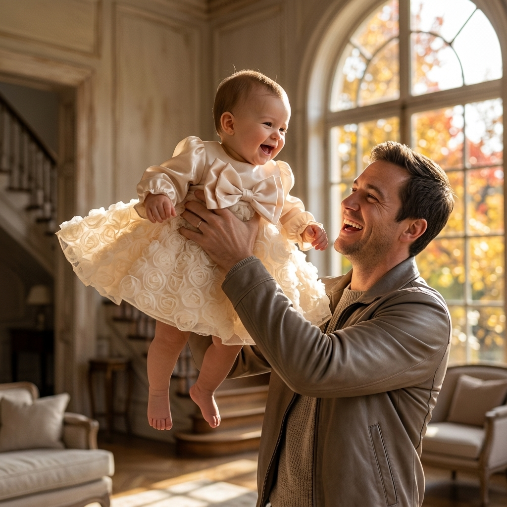 Rosette Tulle Bow Dress father lift baby flying tulle skirt lifestyle photo