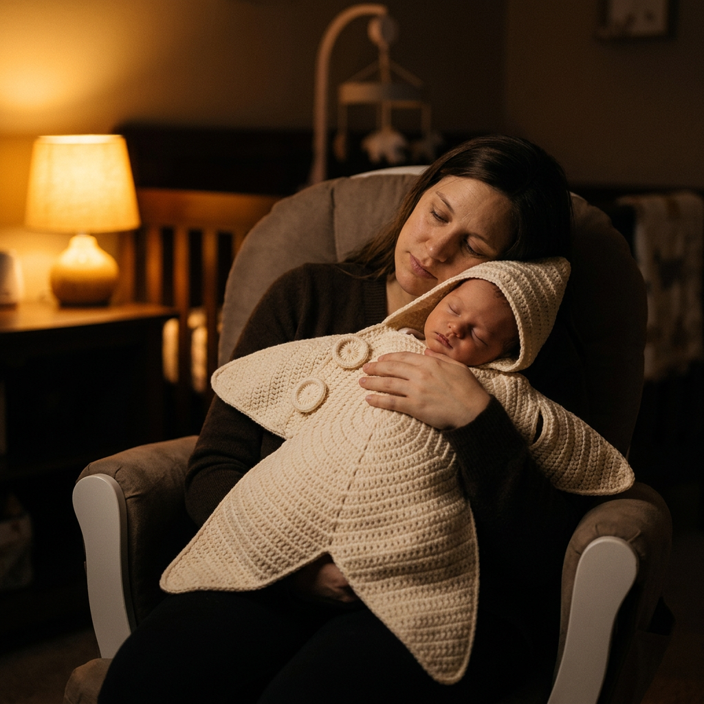 Starfish Hooded Knit Sleep Sack newborn mother nursery amber lamplight lifestyle photo