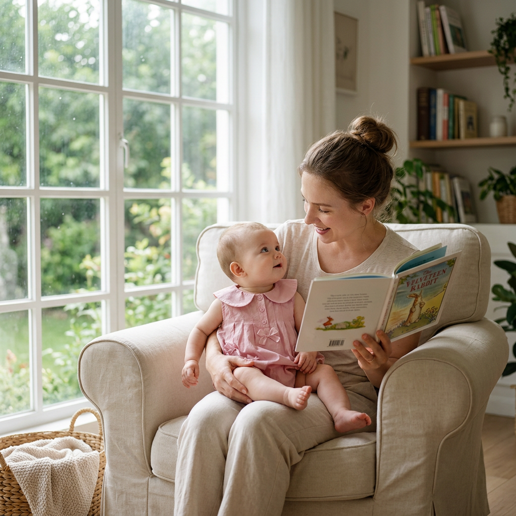 Pink Peter Pan Collar Bow Romper baby girl mother reading book window light lifestyle photo