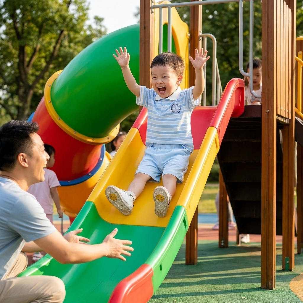 Striped Polo Shorts Set toddler boy playground slide father lifestyle photo