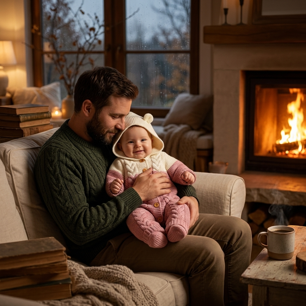 Bear Ear Hood Cable Knit Romper baby father sofa fireplace cozy autumn lifestyle photo