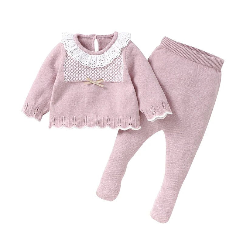 Knitted Baby Girl Outfit Set – Long Sleeve Top & Pants (0–12M) - Mimou Babywear