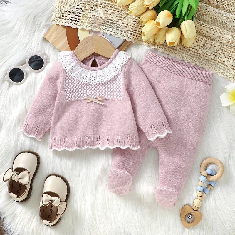Knitted Baby Girl Outfit Set – Long Sleeve Top & Pants (0–12M) - Mimou Babywear