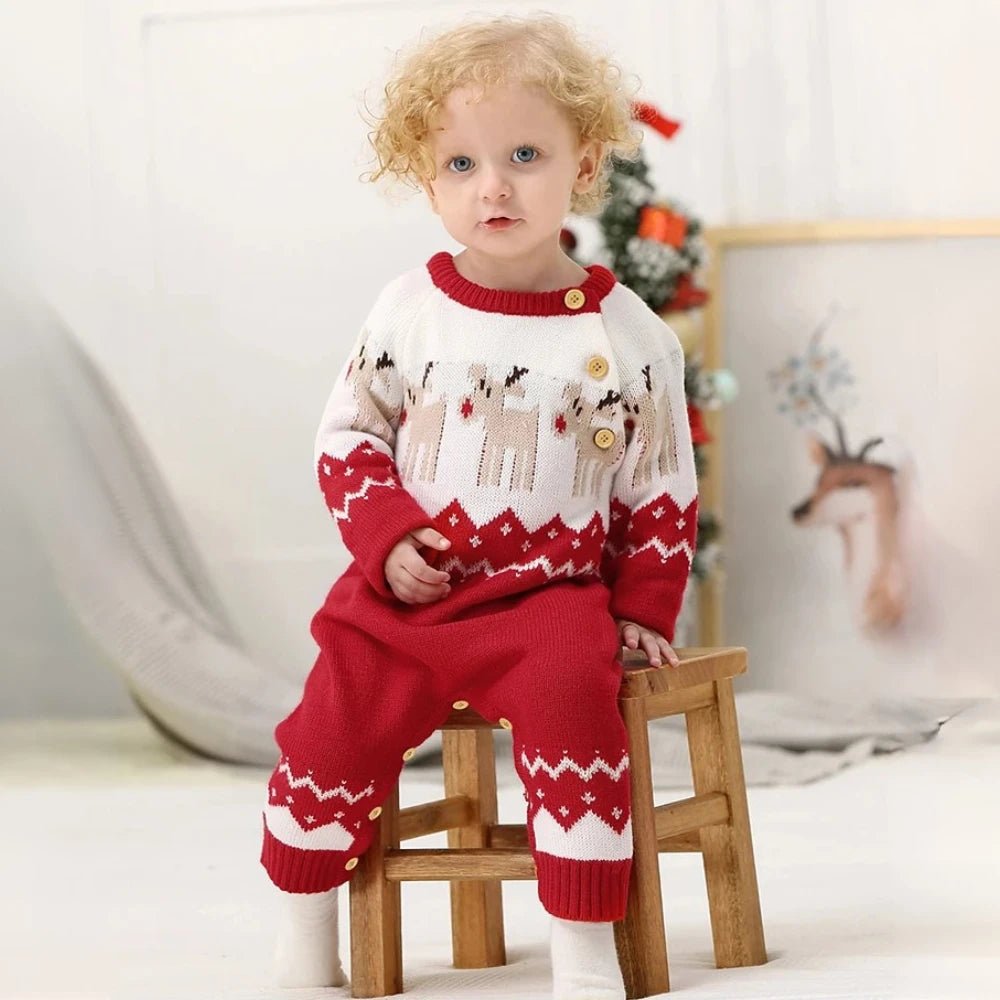 Knitted Christmas Baby Romper – Warm Reindeer Jumpsuit (3 - 24M) - Mimou Babywear