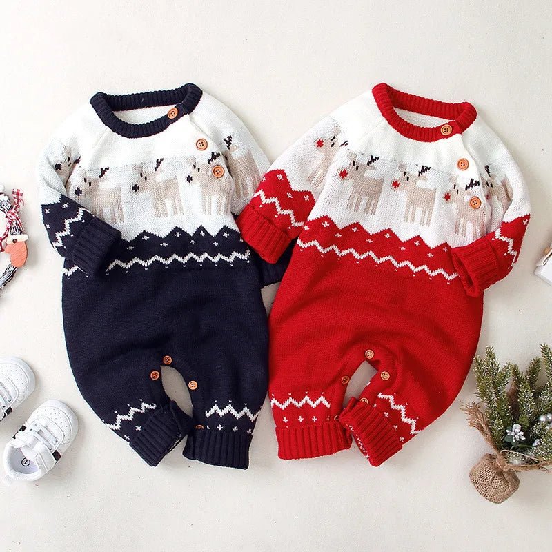 Knitted Christmas Baby Romper – Warm Reindeer Jumpsuit (3 - 24M) - Mimou Babywear