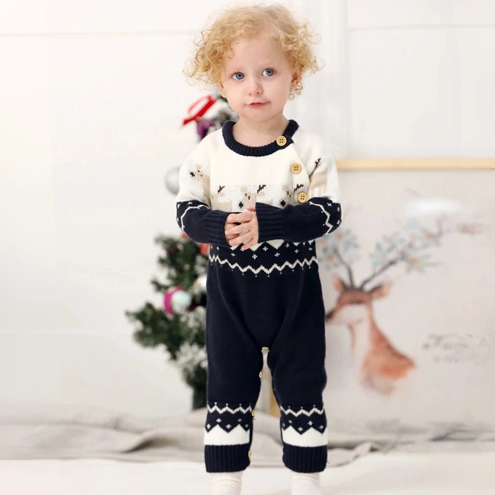 Knitted Christmas Baby Romper – Warm Reindeer Jumpsuit (3 - 24M) - Mimou Babywear