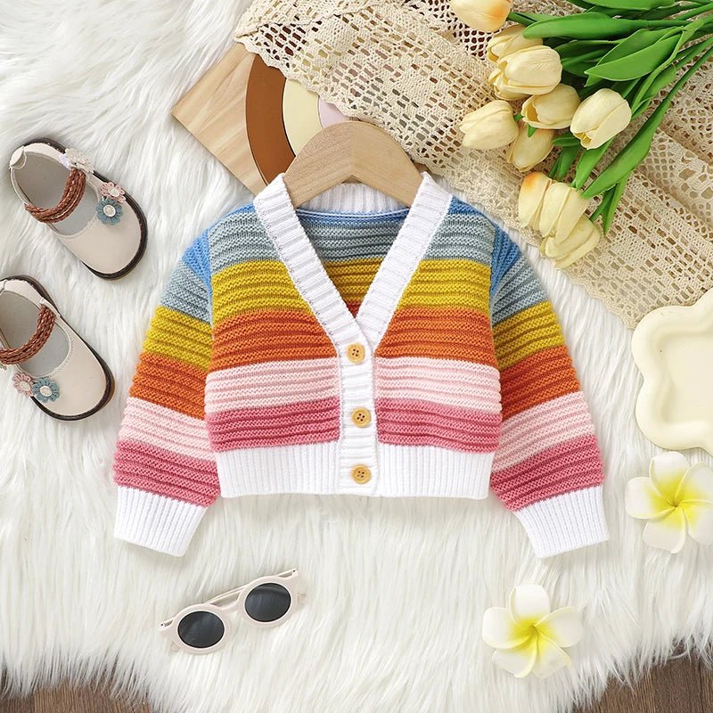 Knitted Rainbow Baby Cardigan – Soft V - Neck Button Sweater (9M–3Y) - Mimou Babywear