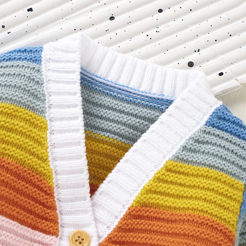 Knitted Rainbow Baby Cardigan – Soft V - Neck Button Sweater (9M–3Y) - Mimou Babywear