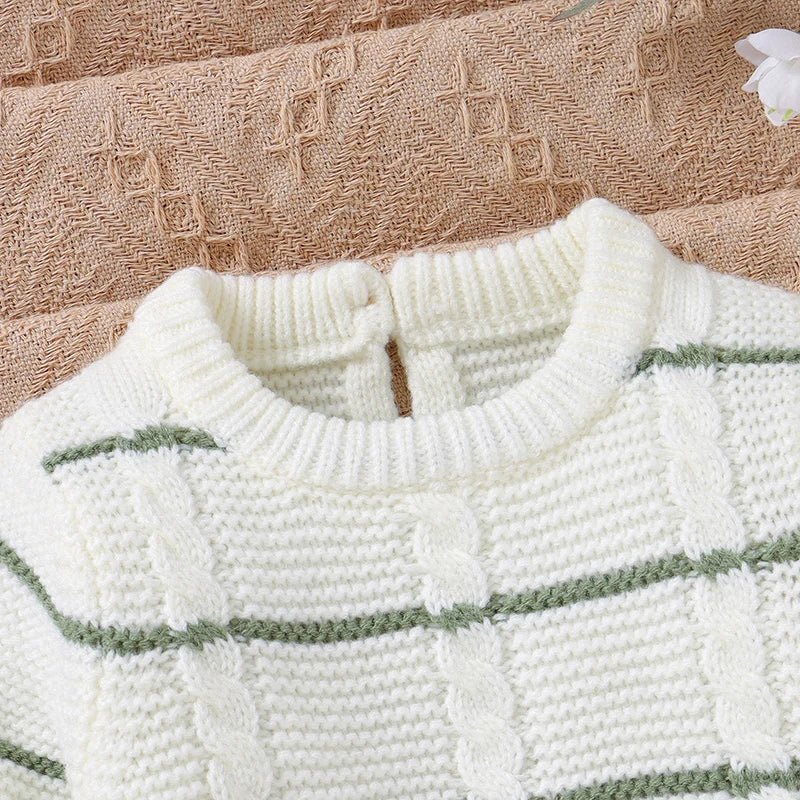 Knitted Striped Baby Romper – Warm Footed Jumpsuit (0–9M) - Mimou Babywear