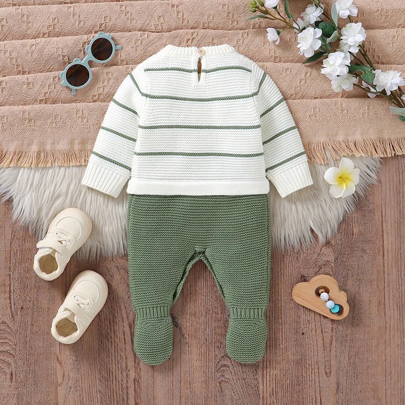 Knitted Striped Baby Romper – Warm Footed Jumpsuit (0–9M) - Mimou Babywear
