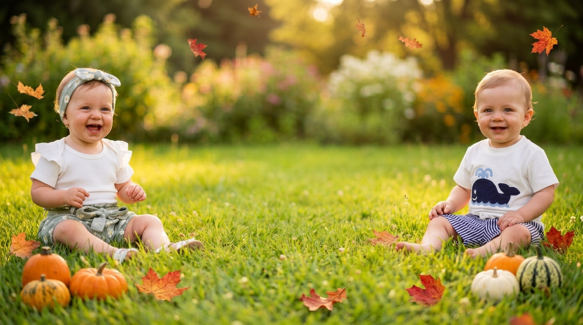 Two smiling babies in Mimou outfits sitting in a sunny garden with Halloween pumpkins