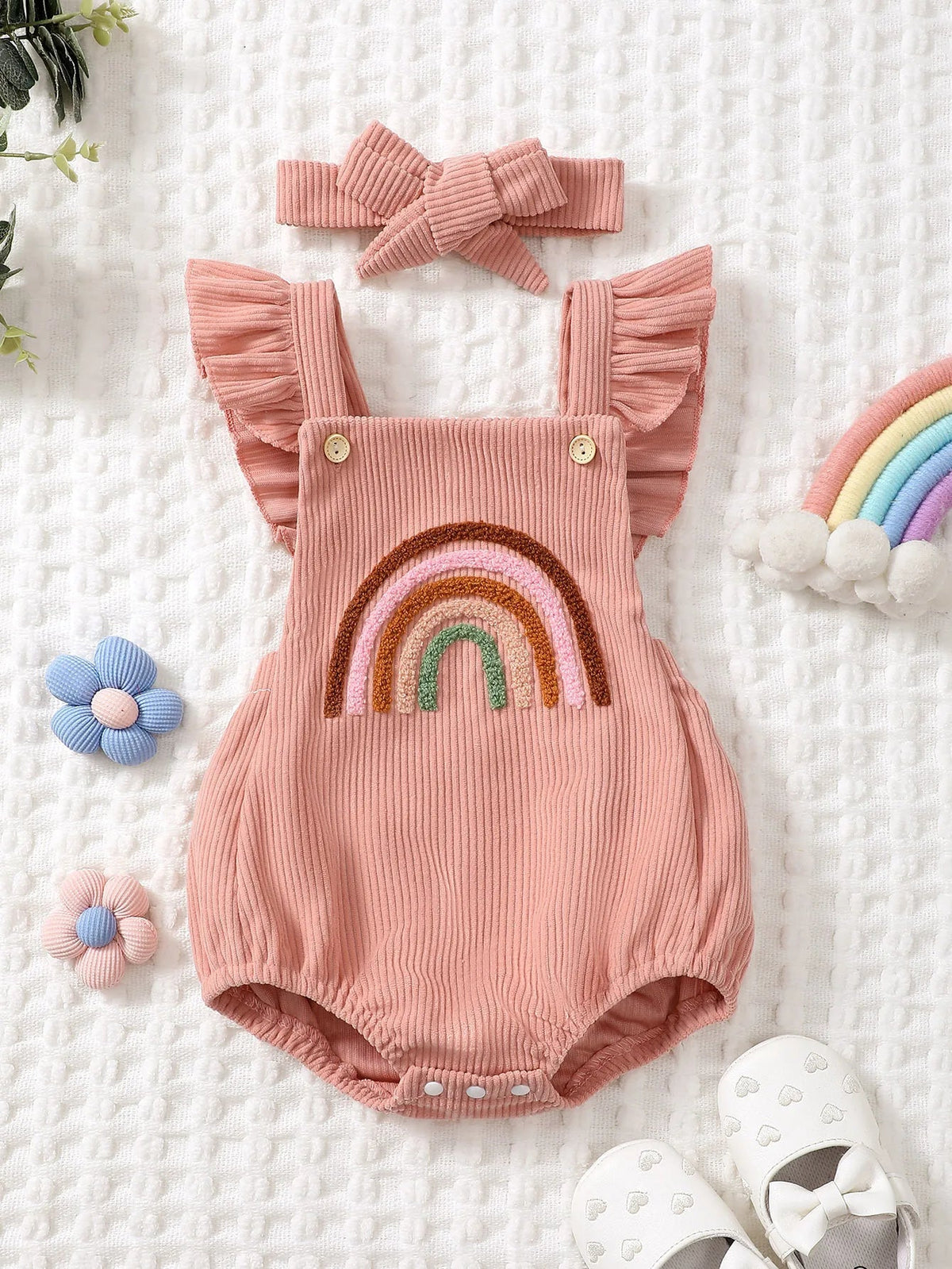 Rainbow Embroidered Baby Romper – Sleeveless Ruffled Straps + Matching Headband (0 - 12M) - Mimou Babywear