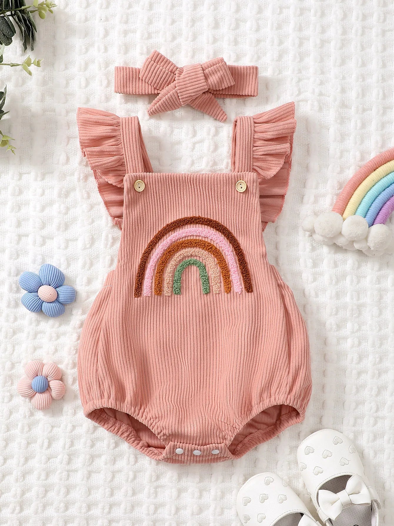 Rainbow Embroidered Baby Romper – Sleeveless Ruffled Straps + Matching Headband (0 - 12M) - Mimou Babywear
