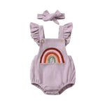 Rainbow Embroidered Baby Romper – Sleeveless Ruffled Straps + Matching Headband (0 - 12M) - Mimou Babywear