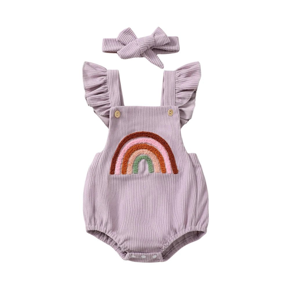 Rainbow Embroidered Baby Romper – Sleeveless Ruffled Straps + Matching Headband (0 - 12M) - Mimou Babywear