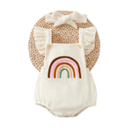 Rainbow Embroidered Baby Romper – Sleeveless Ruffled Straps + Matching Headband (0 - 12M) - Mimou Babywear