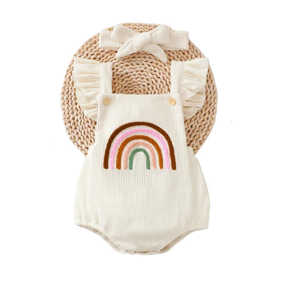 Rainbow Embroidered Baby Romper – Sleeveless Ruffled Straps + Matching Headband (0 - 12M) - Mimou Babywear