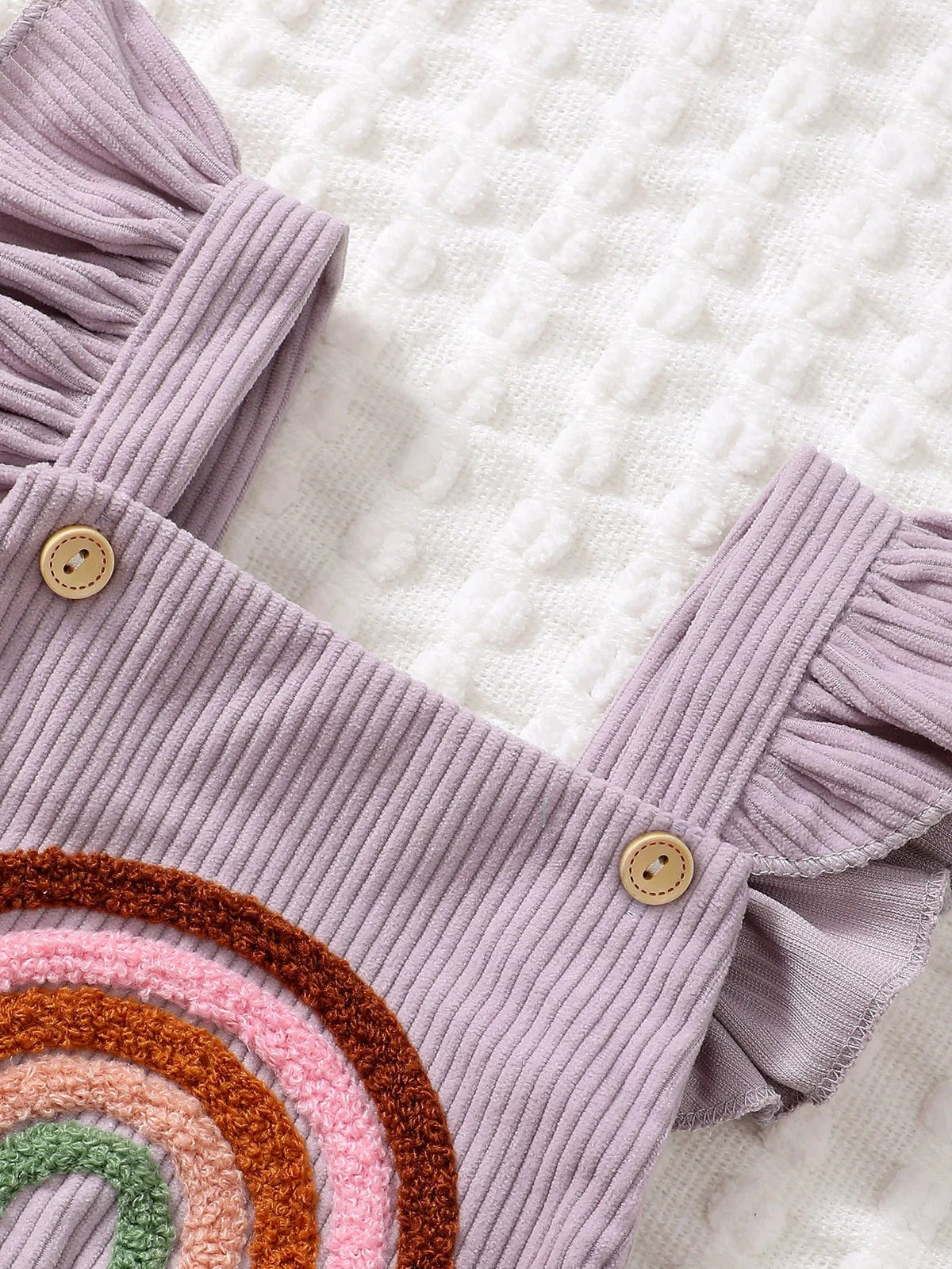 Rainbow Embroidered Baby Romper – Sleeveless Ruffled Straps + Matching Headband (0 - 12M) - Mimou Babywear