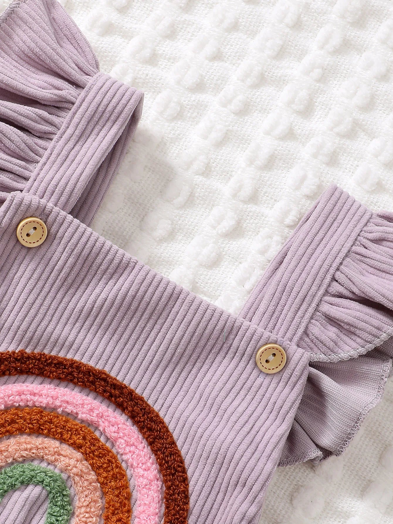 Rainbow Embroidered Baby Romper – Sleeveless Ruffled Straps + Matching Headband (0 - 12M) - Mimou Babywear