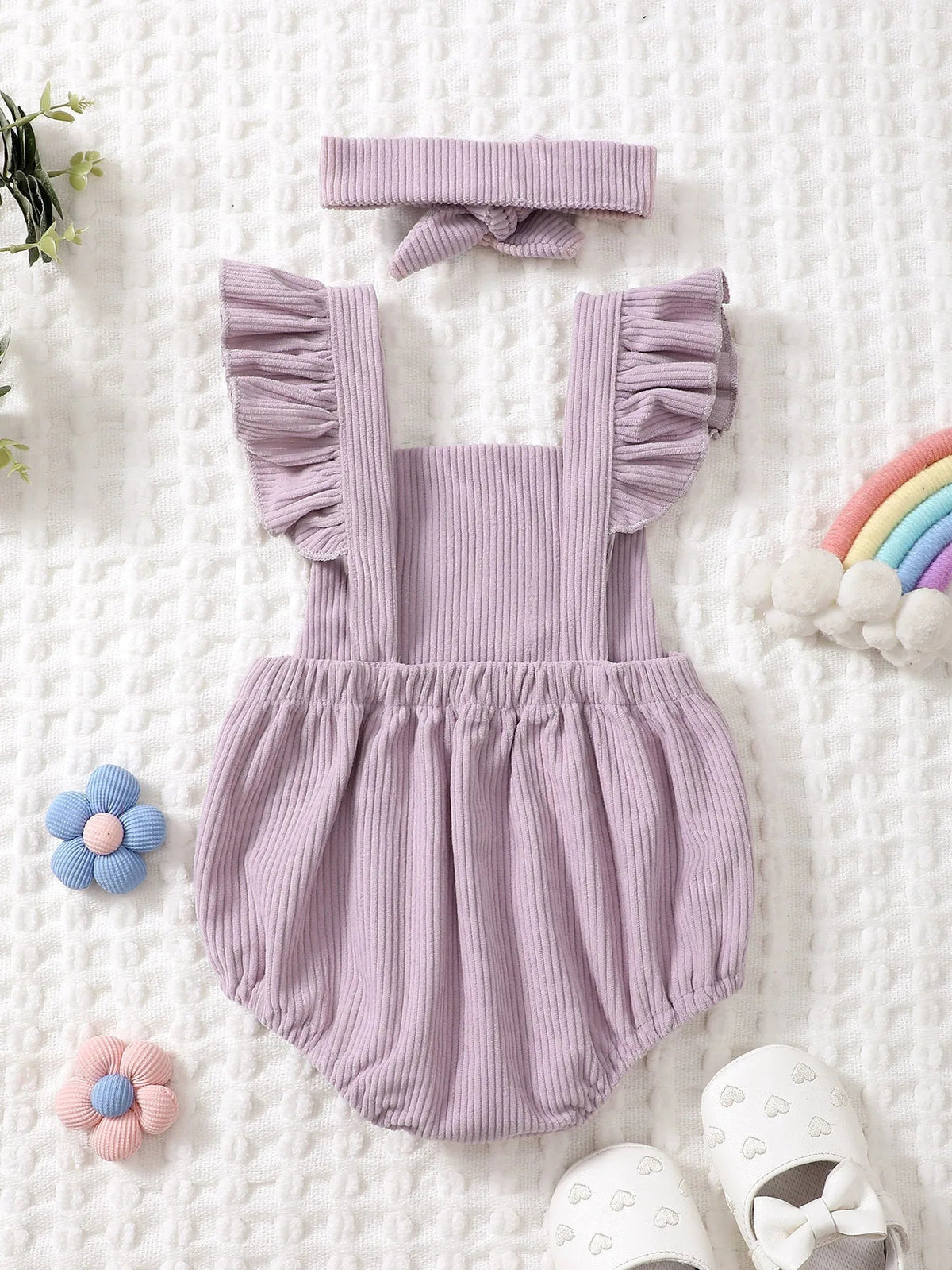 Rainbow Embroidered Baby Romper – Sleeveless Ruffled Straps + Matching Headband (0 - 12M) - Mimou Babywear