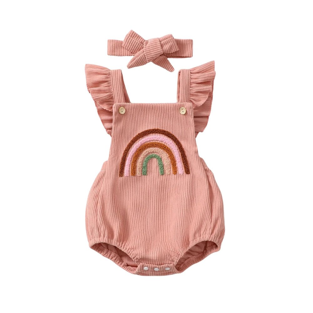 Rainbow Embroidered Baby Romper – Sleeveless Ruffled Straps + Matching Headband (0 - 12M) - Mimou Babywear