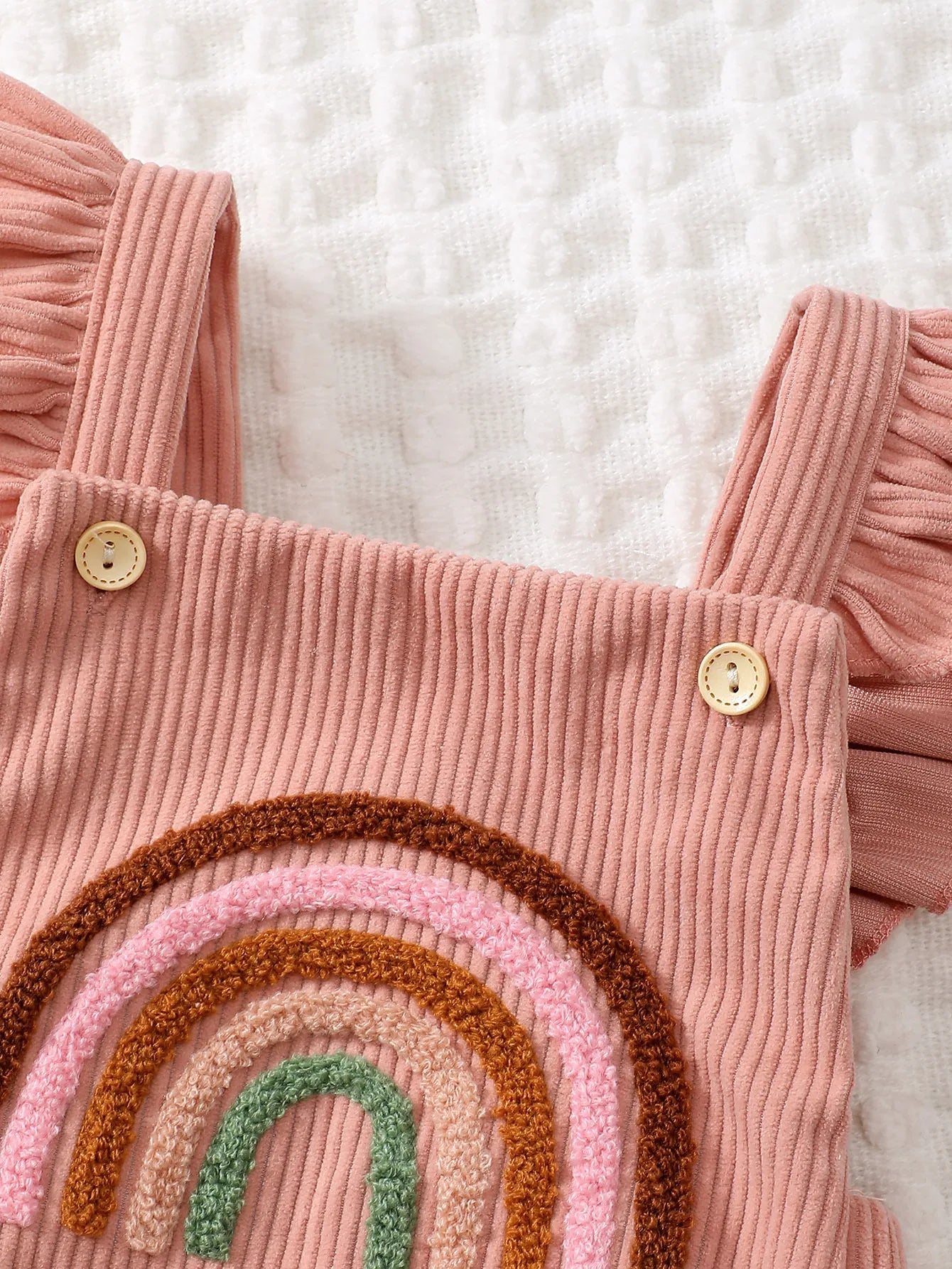 Rainbow Embroidered Baby Romper – Sleeveless Ruffled Straps + Matching Headband (0 - 12M) - Mimou Babywear