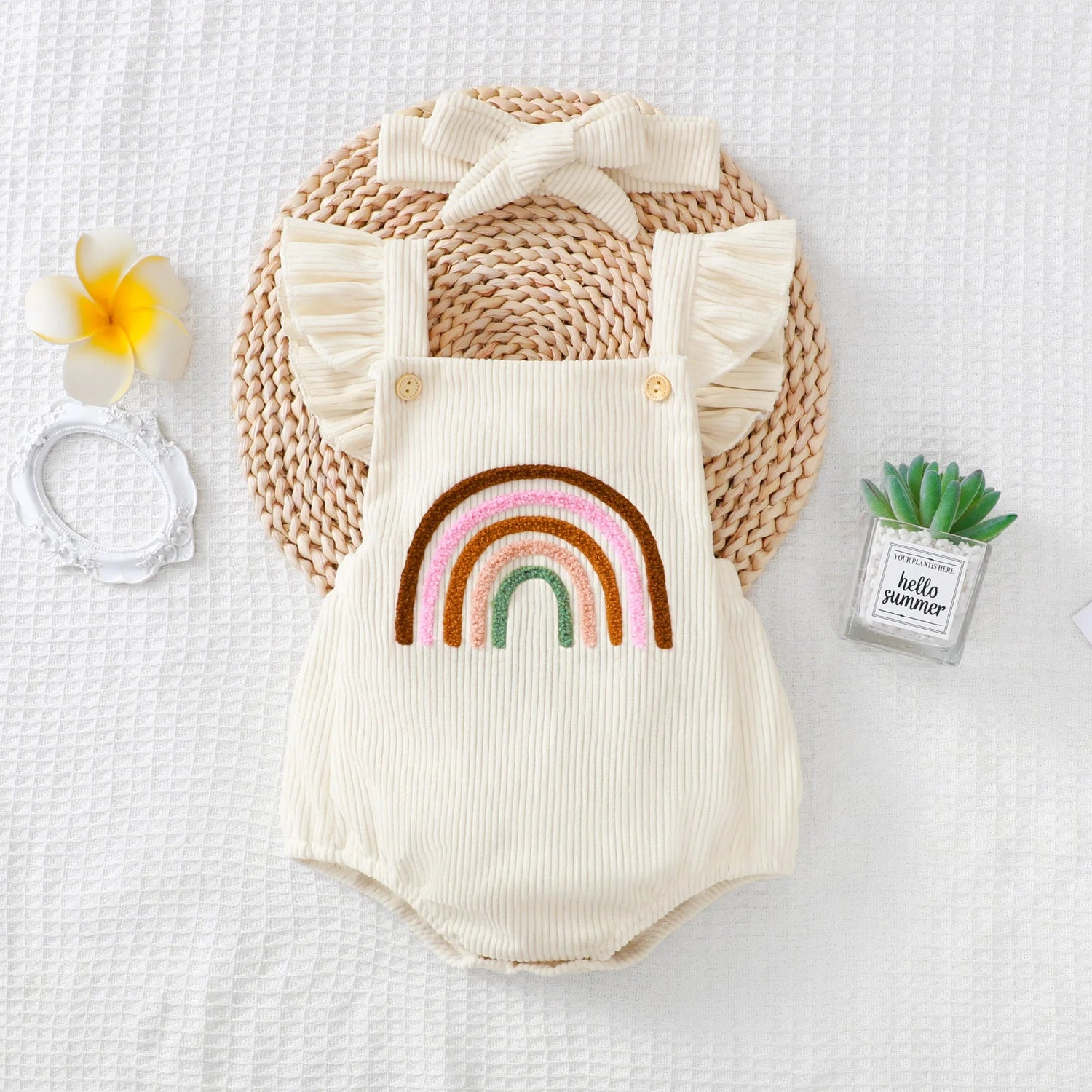 Rainbow Embroidered Baby Romper – Sleeveless Ruffled Straps + Matching Headband (0 - 12M) - Mimou Babywear