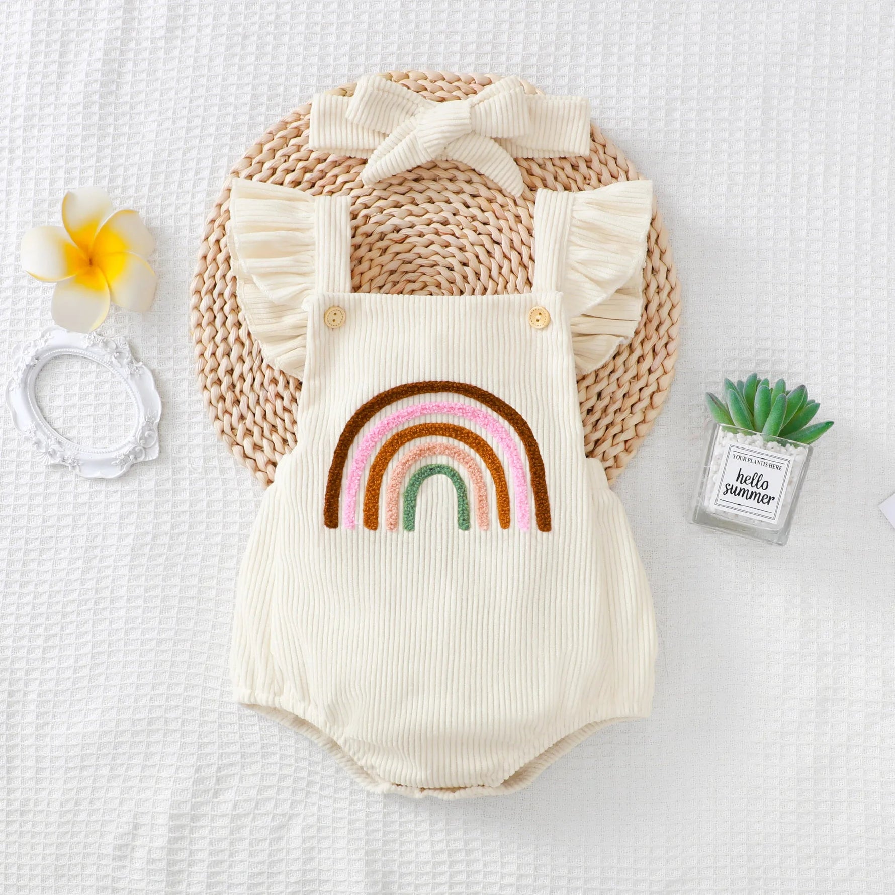 Rainbow Embroidered Baby Romper – Sleeveless Ruffled Straps + Matching Headband (0 - 12M) - Mimou Babywear