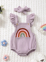 Rainbow Embroidered Baby Romper – Sleeveless Ruffled Straps + Matching Headband (0 - 12M) - Mimou Babywear
