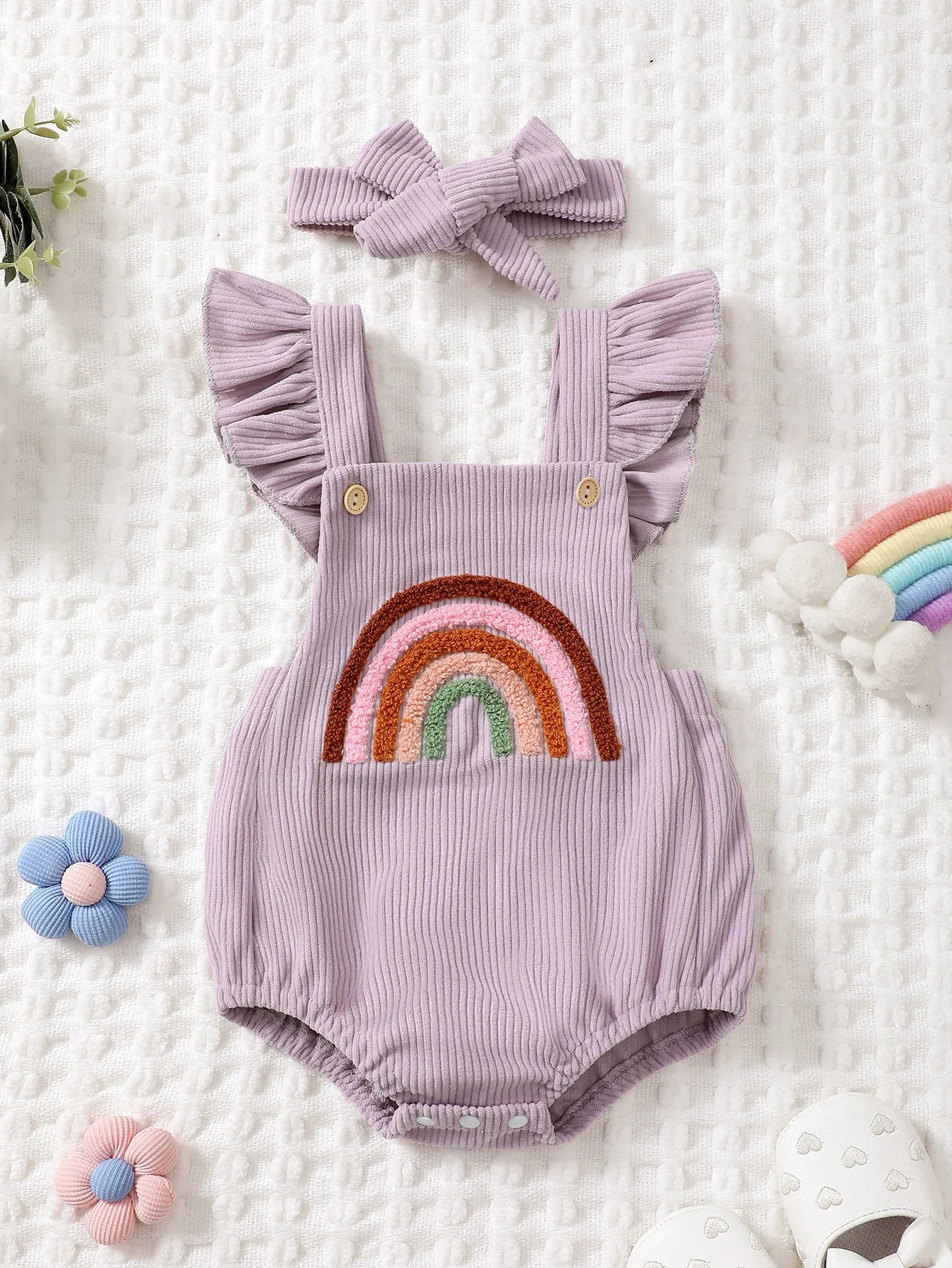 Rainbow Embroidered Baby Romper – Sleeveless Ruffled Straps + Matching Headband (0 - 12M) - Mimou Babywear